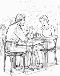 a drawing of two people sitting at a table