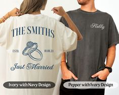 a man and woman standing next to each other in front of a white wall with the words, the smiths just married