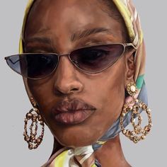 a painting of a woman wearing sunglasses and a head scarf with earrings on her head