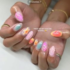 Nails Beachy Vibes, Nails For Tropical Vacation, Crazy Summer Nails, Funky Summer Nails, Acrylic Nail Shapes, Hippie Nails