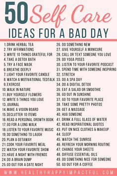 50 Self Care Ideas for a bad day (free printable)! Take care of your mental health with these easy self-care activities and self-care tips to make you feel better. Helpful things to do for women to take care of their mind, body, and soul. #loveyourself #selfcare #selflove #personalgrowth #mentalhealth Selamat Hari Valentine, An Organized Home, Organized Home, 52 Weeks, Life Tips, Bullet Journaling, Self Care Routine