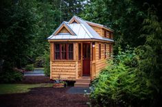 a small wooden cabin in the woods surrounded by trees and shrubs with a red door