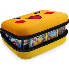 a yellow case with pokemon pictures on it