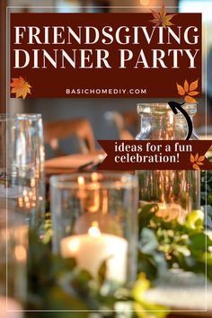 a dinner table with candles and greenery on it for a friends giving dinner party