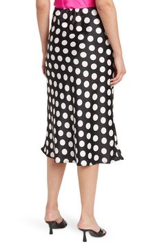 A polka dot printed midi skirt in smooth satin offers flirty retro style that's perfect for a day or night out. 31" length (size S) Elasticized waist Pull-on style Polka dot print Satin construction 97% polyester, 3% spandex Machine wash cold, line dry Made in USA Model’s stats for sizing: 5’10” height, 34” bust, 27” waist, 35” hips. Model is wearing size S. Chic Polka Dot Relaxed Skirt, Chic Polka Dot Relaxed Fit Skirt, Chic Polka Dot Skirt Relaxed Fit, Polka Dot Relaxed Midi Skirt, Elegant Polka Dot Bottoms For Spring, Elegant Polka Dot Midi Skirt, Elegant Polka Dot Spring Bottoms, Relaxed Knee-length Polka Dot Skirt, Chic Polka Dot Midi Skirt