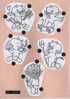 four stickers with cartoon characters on them in black and white, sitting on a pink background