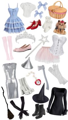 an assortment of costumes and accessories are arranged on a white background, including shoes, hats, gloves, dresses, socks, stockings