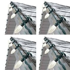 four pictures of lights on the side of a building with snow all over them,