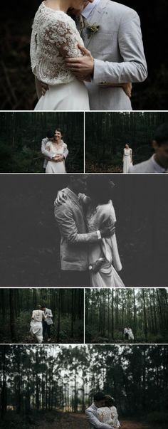 two people are kissing in the woods, one is wearing a wedding dress and the other is