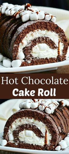 two pictures of a chocolate cake roll with marshmallows