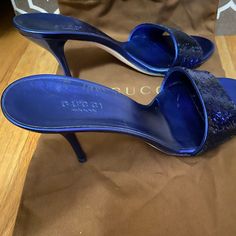 Gorgeous Slide On Open Toe Heels In Size 7.5 - Metallic Blue And Sequins - Only Worn Them Once For A Wedding - Like New Luxury Gucci Heels For Cocktail Events, Gucci Open Toe Heels For Cocktail, Gucci Fitted Evening Heels, Designer Blue Almond Toe Heels, Blue Heels With Branded Insole For Evening, Designer Blue Heels For Evening, Shoes Gucci, Open Toe Heels, Metallic Blue