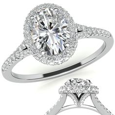 a diamond engagement ring with an oval halo setting