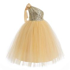 The elegant bodice feature is made of sparkling sequins and tutu tulle at the bottom. The skirt has 6 layers, top 3 layers are made of elegant tulle. 4th is layer of soft satin, 5th layer is a netting attached to the 6th layer for additional fullness, the 6th layer is a satin lining to bring comfort to your little girl while wearing the dress. Size: size M.  Color: Gold.  Gender: female.  Age Group: kids. Tutu Flower Girl Dress, Christening Dresses, Ballroom Gowns, Girls Sequin Dress, Pageant Gown, Sequin Flower, Flower Girl Dresses Tutu, Girls Casual Dresses, Christening Dress