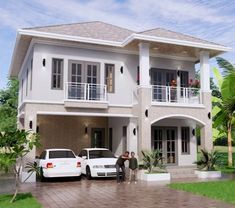 two people standing in front of a white car parked in front of a large house