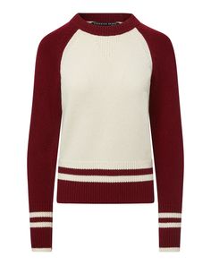 Ivory/Maroon Ralie Pullover The Ralie pullover is polished answer to lightweight layering. Knit from a wool-blend, this graphic style features contrast color raglan sleeves and striped trims. Wear with jeans and boots for a classic fall look. Sporty Fall Sweater With Striped Cuffs, Beige Sporty Sweater For Fall, Sporty Beige Sweater For Fall, Sporty Winter Sweater With Contrast Stripes, Casual Sweater With Contrast Trim For Fall, Casual Fall Sweater With Contrast Trim, Casual Winter Sweater With Contrast Trim, Cream Sporty Sweater For Fall, White Sweater With Striped Sleeves For Fall