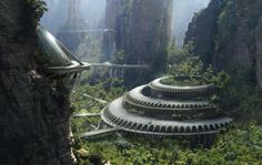 the futuristic city is surrounded by mountains and trees, with many circular structures on each side