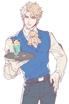 a drawing of a man holding a tray with a drink on it and a plate in his hand