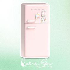 a pink refrigerator freezer sitting on top of a green and white background with the words eat snow written below it