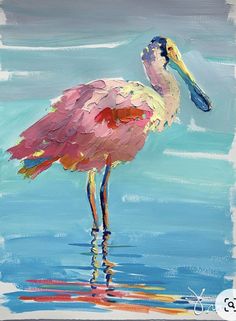 a painting of a pink flamingo standing in the water