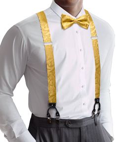 Suspender Size:125cm*3.5cm? ?Bowtie Size:?4.72"?x 2.36?¡À (12cm?x?6cm) Material Used: Genuine Leather +Double String Elastic Polyester Color: Same as the picture Application/Use: Adults, Unisex Elegant Suspenders For Party Suit Accessories, Classic Suspenders For Suit And Tie At Party, Classic Formal Belts And Suspenders For Summer, Fitted Suspenders For Groom Suit And Tie Accessories, Groom's Bow Tie With Suspenders, Elegant Formal Belts And Suspenders With Ties, Elegant Adjustable Gold Belts And Suspenders, Dapper Suspenders For Party, Dapper Formal Belts And Suspenders With Ties