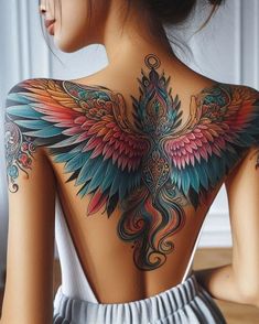 the back of a woman's body with colorful tattoos on her shoulder and chest