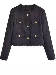 Black crop top tweed jacket - Wapas Tweed Cropped Jacket, Womens Tweed Jacket, Elegant Blazers, Long Sleeves Coats, Solid Clothes, 가을 패션, Cropped Style, Short Coat, Cropped Jacket