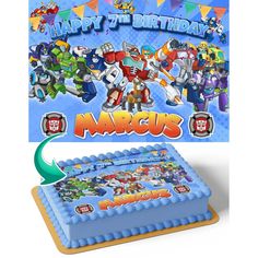 a birthday cake with an image of the characters on it