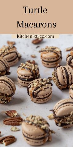 chocolate turtle macarons with pecans on the side and text overlay that reads, how to make homemade turtle macaroons