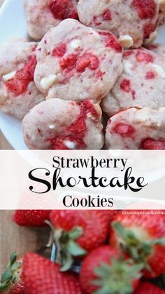 strawberry shortcake cookies on a plate with strawberries in the background and text overlay that reads, strawberry shortcake cookies