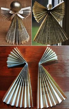 four different pictures of folded paper angel decorations