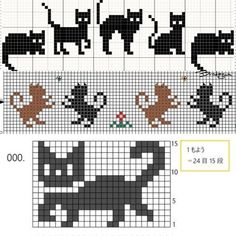 the cross stitch pattern for cats and kittens is shown in black, white, and gray