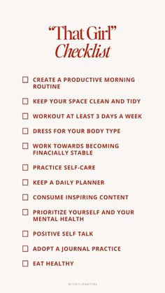 How To Improve Myself Everyday, Eating Routine Healthy, Morning Checklist For Women, That Girl Goals, Becoming That Girl Lifestyle, Dream List Life Goals, Healthy Routines For Women, Becoming That Girl, Fitness Goal Ideas Women