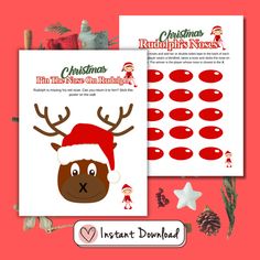 christmas reindeer stickers with santa's hat and antlers on the side, next to an instant printable sheet