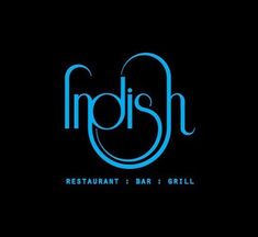 the irish restaurant bar and grill logo on a black background with blue neon lights around it