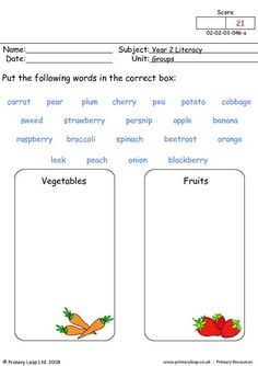 the worksheet for reading vegetables and fruits is shown in two separate sections, one with