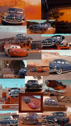 the cars are all different colors and sizes in this collage, each with their own character