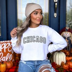 Introducing our cozy and stylish Chicago sweatshirt! Show your Windy City pride with this must-have addition to your wardrobe. Crafted from premium quality fabric, this sweatshirt offers ultimate comfort while keeping you warm on chilly Chicago days. Whether you're strolling through Millennium Park or cheering on the Cubs at Wrigley Field, this Chicago sweatshirt is a perfect way to showcase your love for the Second City. Get ready to turn heads and start conversations with this unique and fashionable piece. Grab yours today and let your Chicago spirit shine! SIZE UP 1-2 SIZES FOR AN OVERSIZED LOOK! Thanks so much for shopping with me! Please message me with any questions you may have! I am always available to help!  📝Please note that, due to variations amongst computer monitors, actual c Cozy Crew Neck Top For Streetwear, Winter College Style Crew Neck T-shirt, Trendy Cozy Fit Crew Neck Top, Cozy Fit White Sweatshirt For Everyday, Everyday Cozy Fit White Sweatshirt, Cozy Fit Crew Neck Top For Streetwear, Cozy Fit Long Sleeve Top With Letter Print, Fall Long Sleeve College Style T-shirt, Trendy White Cozy Fit Top