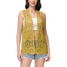 Introducing the Anna-Kaci Women's Floral Crochet Cardigan Lace Trim Sleeveless Open Front Vest. This lightweight and breathable cover-up features intricate floral crochet lace trim and a draped asymmetric hem for a simple yet stylish boho look. Crochet Mesh Pattern, Womens Tailored Suit, Crop Denim Vest, Open Front Vest, Crochet Lace Trim, Cover Beachwear, Floral Crochet, Linen Casual, Sleeveless Cardigan