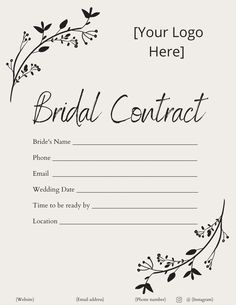 a black and white photo of a bridal contact card with floral designs on it