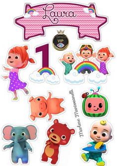 stickers with different cartoon characters and numbers on them, including one for each child's name