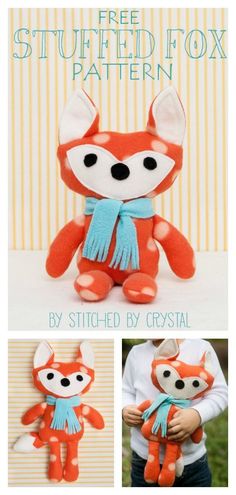 the stuffed fox is wearing a scarf and holding it's own handmade doll