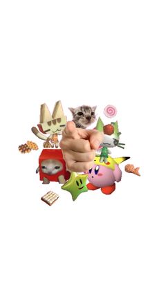 a person holding up a small toy with other toys in the background and a cat sitting on top of it