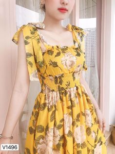 Fabric: silk chiffon, no stretch, cool, sweat-absorbent Care: hand wash cold recommended, no bleach, hang dry SIZE: Small: Bust< 32.7" // Waist< 26.7" Ngực < 83 cm // Eo < 68 cm Medium: Bust Summer Sundress With Ruched Detail, Yellow Sundress With Tie Straps For Summer, Ruched Spring Sundress, Ruched Sundress For Spring, Spring Summer Sundress With Ruched Detail, Stretch Sundress For Summer Brunch, Summer Brunch Sundress With Ruched Detail, Summer Stretch Sundress For Brunch, Summer Brunch Ruched Sundress