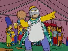 the simpsons character is standing in front of a group of people