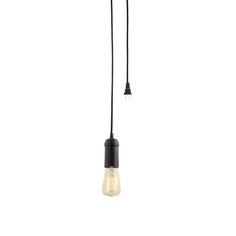 a light bulb hanging from a black cord with two lights on each side and one light in the middle