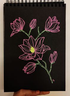 a hand holding a black notebook with pink flowers on it