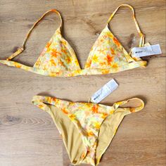 Ripcurl Bikini, Top Size L, Bottom Size M. Never Worn. New Without Tags. Yellow Orange With Little Light Green Leaves. Top Is Fully Adjustable Yellow Bikinis, Obx Summer, Summer Backyard Parties, Swimsuit Inspo, Florida Outfits, Aesthetic Nail, Summer Backyard, Cute Bathing Suits, Swim Suits