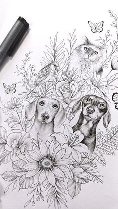 a drawing of two dogs surrounded by flowers and butterflies