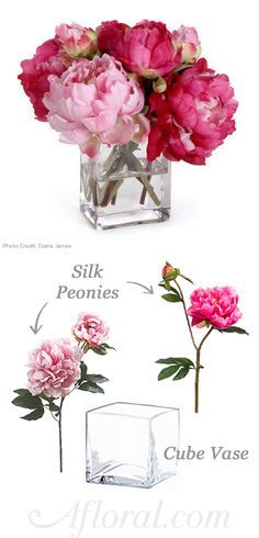 three different types of flowers in vases with water and silk peonies, cube vase