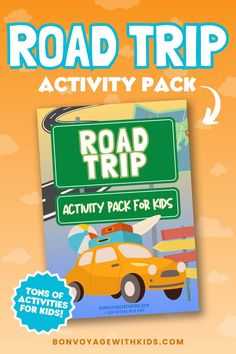 the road trip activity pack for kids is shown in front of an orange background with clouds and